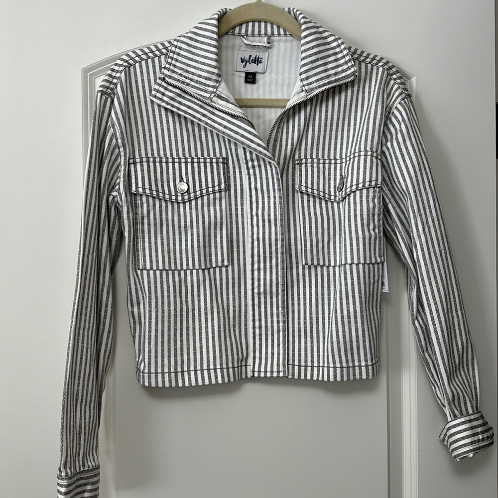 Vylette, Grey & White Stripe Crop Jean Jacket